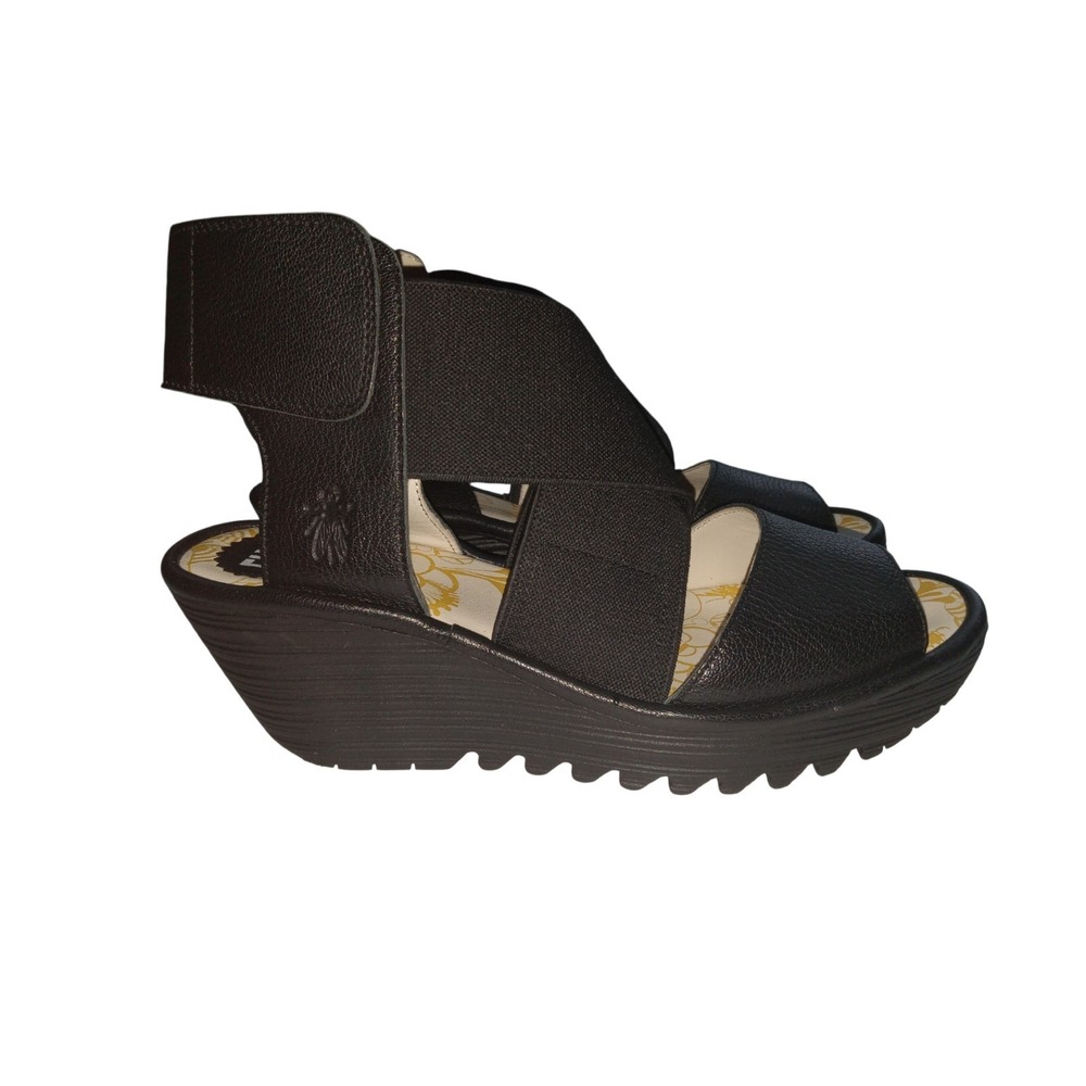Fly London Strappy Black Wedge Sandals Women's Size 39 US 8